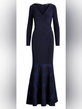 Lauren Ralph Lauren Navy Draped Wrap-Front Long Sleeve Dress